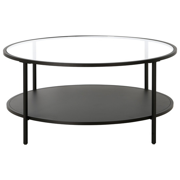36" Black Glass Round Coffee Table With Shelf