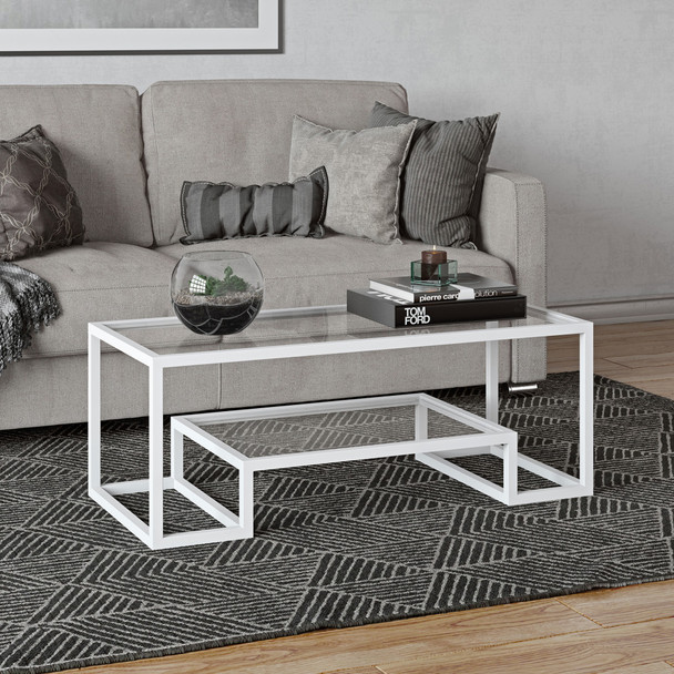45" White Glass Rectangular Coffee Table With Shelf