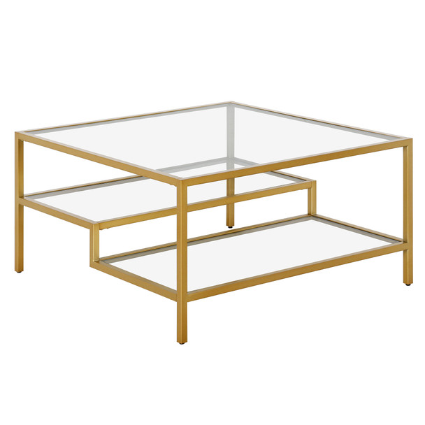 32" Gold Glass Square Coffee Table With Two Shelves