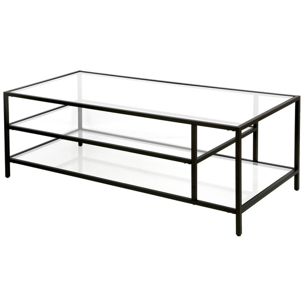 46" Black Glass Rectangular Coffee Table With Two Shelves