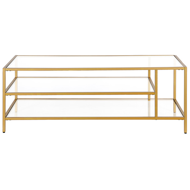 46" Gold Glass Rectangular Coffee Table With Two Shelves