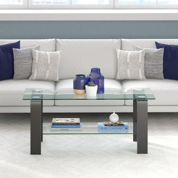 40" Gray Glass Rectangular Coffee Table With Shelf