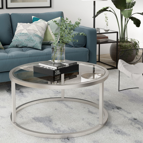 35" Silver Glass Round Coffee Table