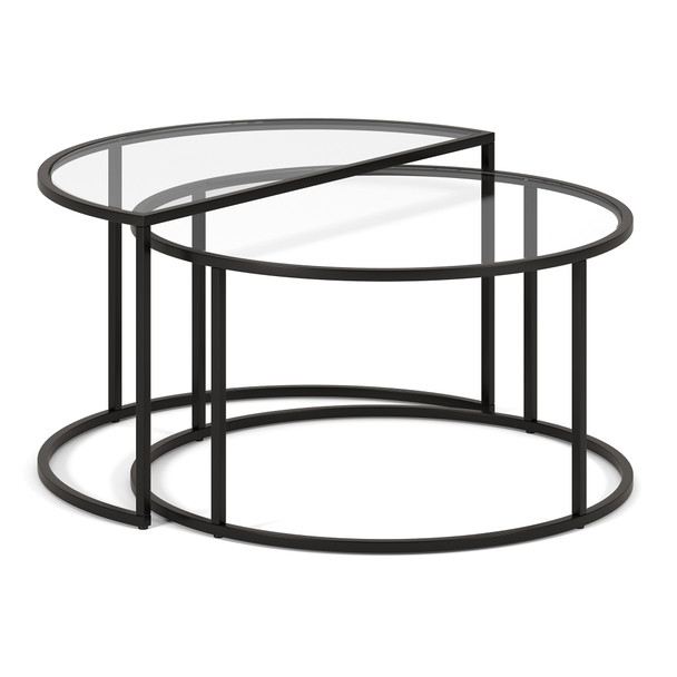 Set Of Two 33" Black Glass Half-Circle Nested Coffee Tables