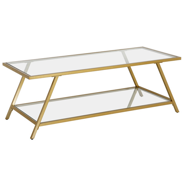 48" Gold Glass Rectangular Coffee Table With Shelf
