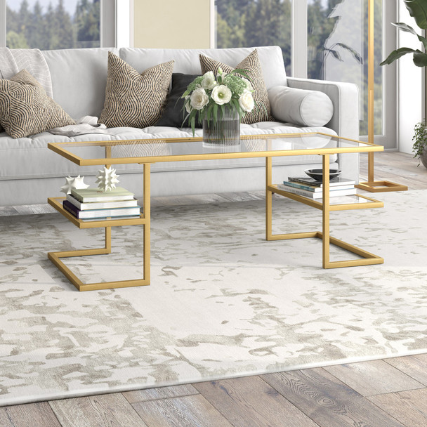 47" Gold Glass Rectangular Coffee Table With Two Shelves