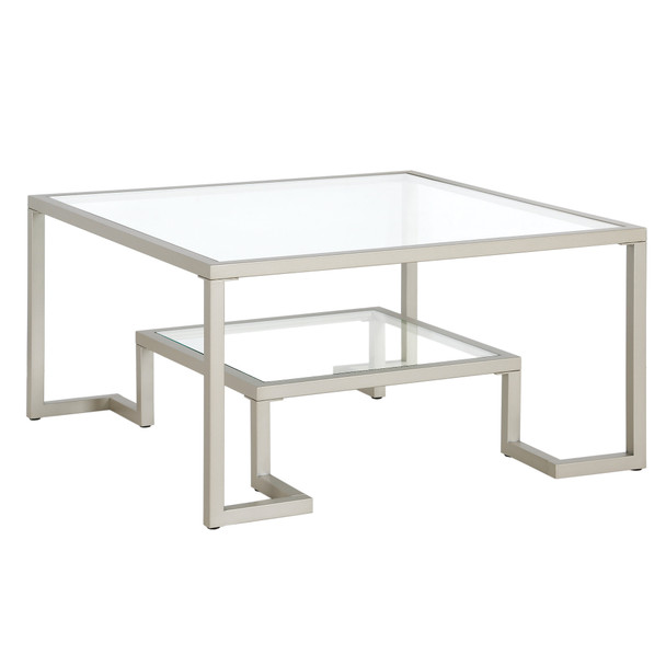 32" Silver Glass Square Coffee Table With Shelf