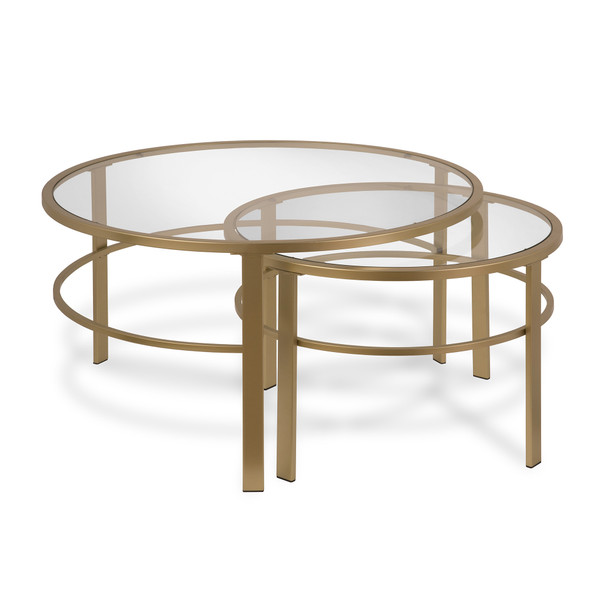 Set Of Two 36" Gold Glass Round Nested Coffee Tables