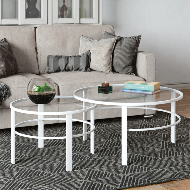 Set Of Two 36" White Glass Round Nested Coffee Tables