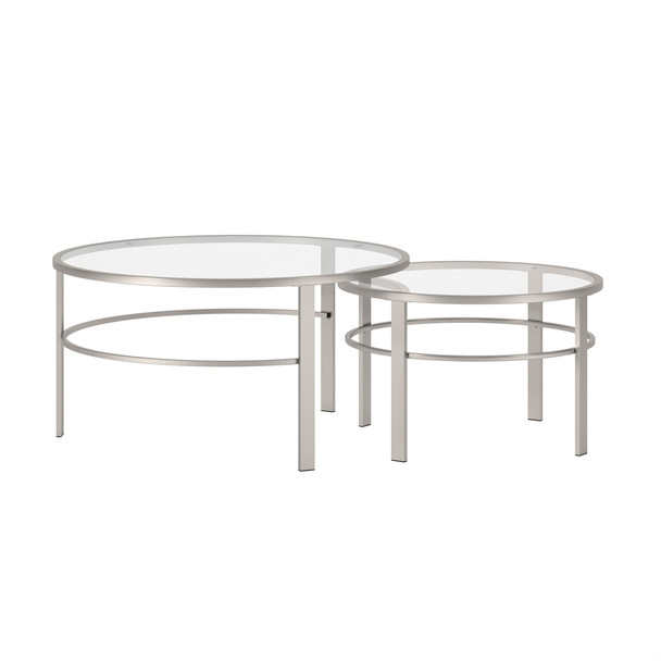Set Of Two 36" Silver Glass Round Nested Coffee Tables