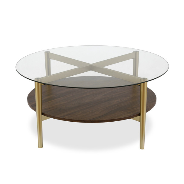 36" Gold Glass Round Coffee Table With Shelf