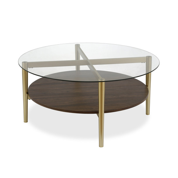 36" Gold Glass Round Coffee Table With Shelf