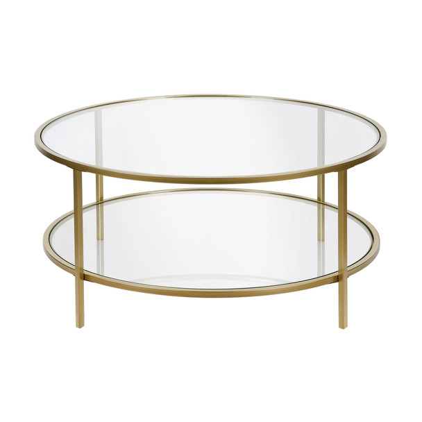 36" Gold Glass Round Coffee Table With Shelf