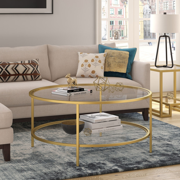 36" Gold Glass Round Coffee Table With Shelf