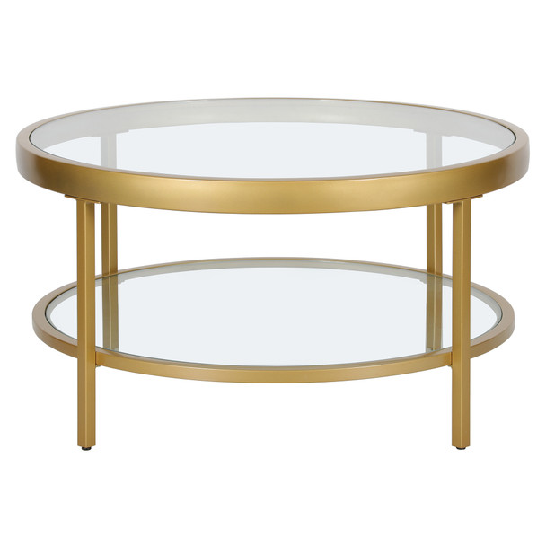32" Gold Glass Round Coffee Table With Shelf