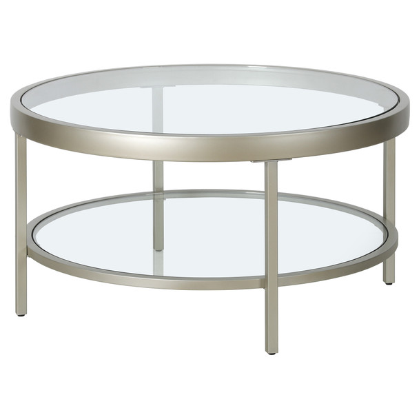 32" Silver Glass Round Coffee Table With Shelf