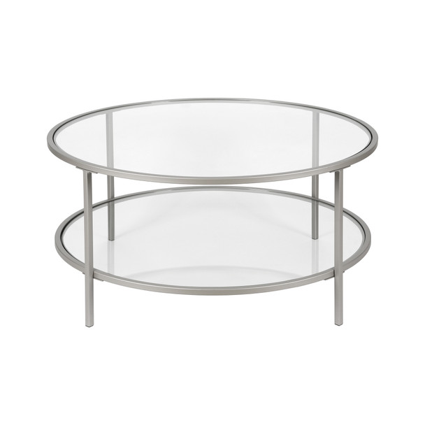 36" Silver Glass Round Coffee Table With Shelf