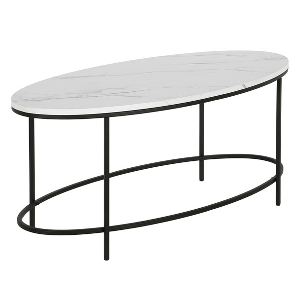 42" Black And White Faux Marble Oval Coffee Table