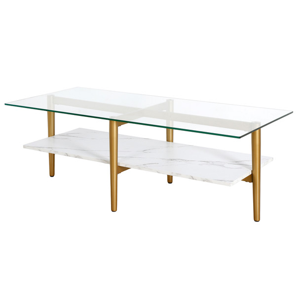 47" Gold And White Glass Rectangular Coffee Table With Shelf