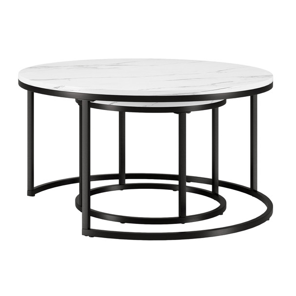 Set Of Two 35" Black And White Faux Marble Round Nested Coffee Tables