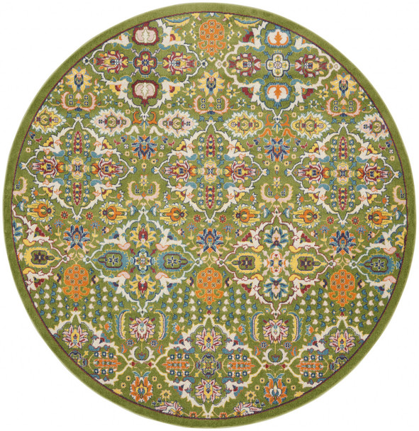 8' Green Round Floral Power Loom Area Rug