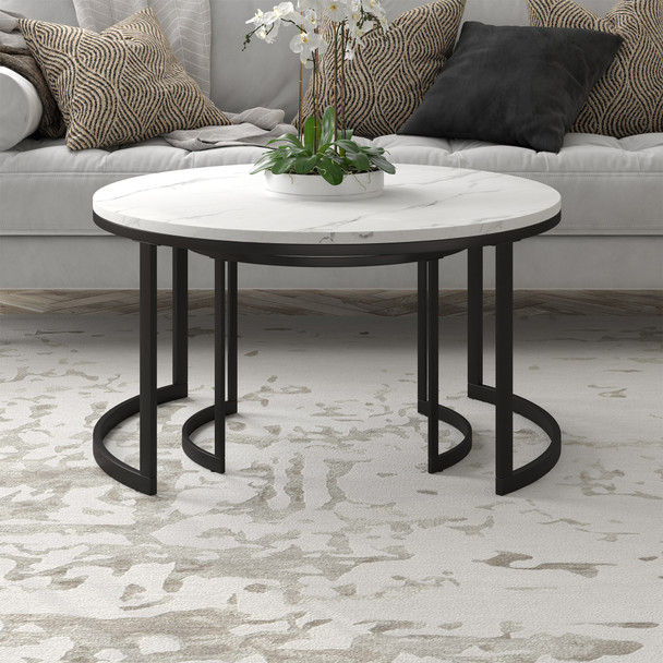 Set Of Two 36" Black And White Faux Marble Round Nested Coffee Tables