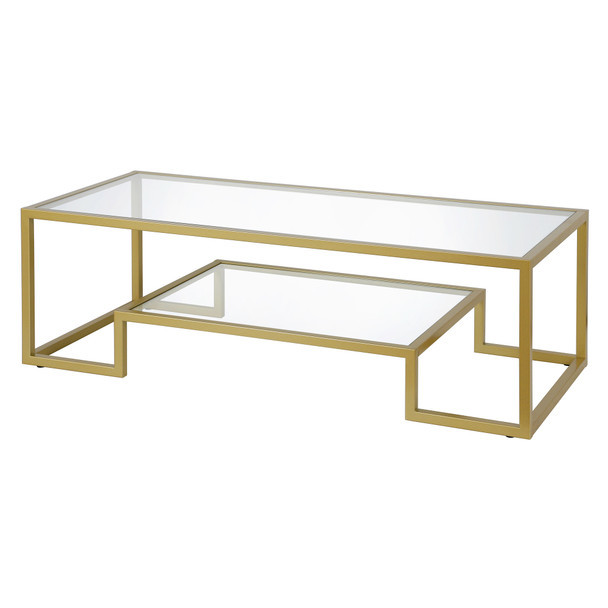 54" Gold Glass Rectangular Coffee Table With Shelf