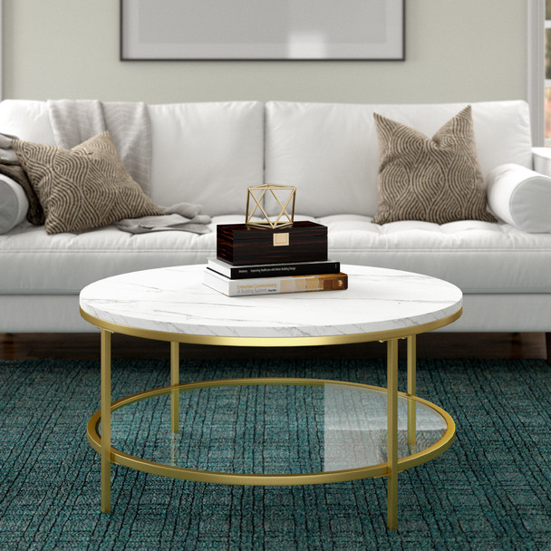 36" Gold Faux Marble Round Coffee Table With Shelf