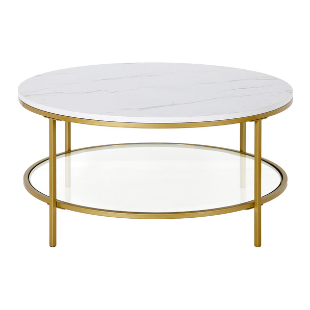 36" Gold Faux Marble Round Coffee Table With Shelf
