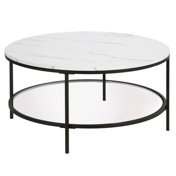 36" Black Faux Marble Round Coffee Table With Shelf