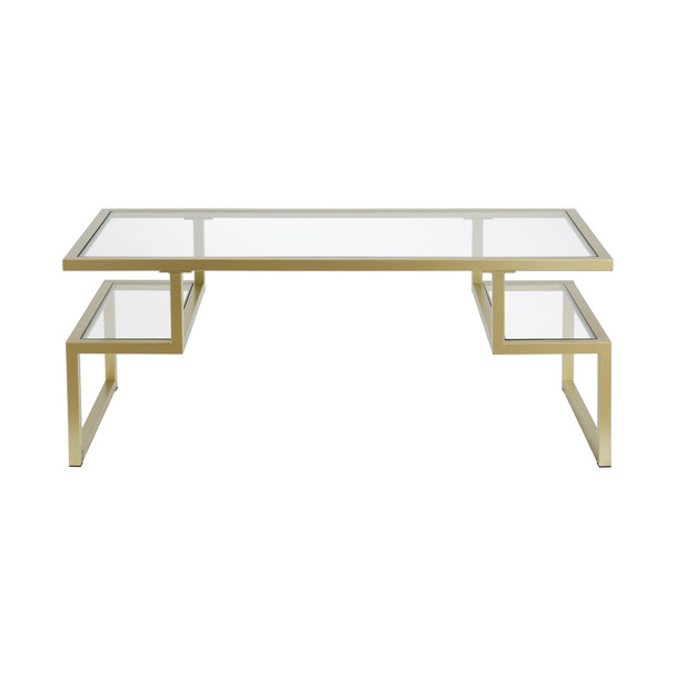 45" Gold Glass Rectangular Coffee Table With Two Shelves