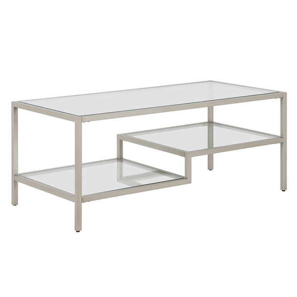 45" Silver Glass Rectangular Coffee Table With Two Shelves