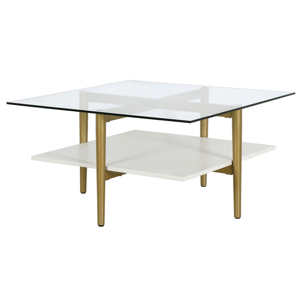 32" Gold And White Glass Square Coffee Table With Shelf