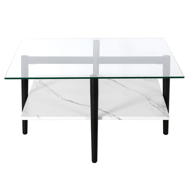 32" Black And White Glass Square Coffee Table With Shelf