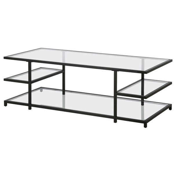 54" Black Glass Rectangular Coffee Table With Three Shelves
