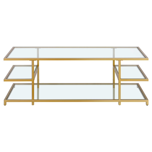 54" Gold Glass Rectangular Coffee Table With Three Shelves