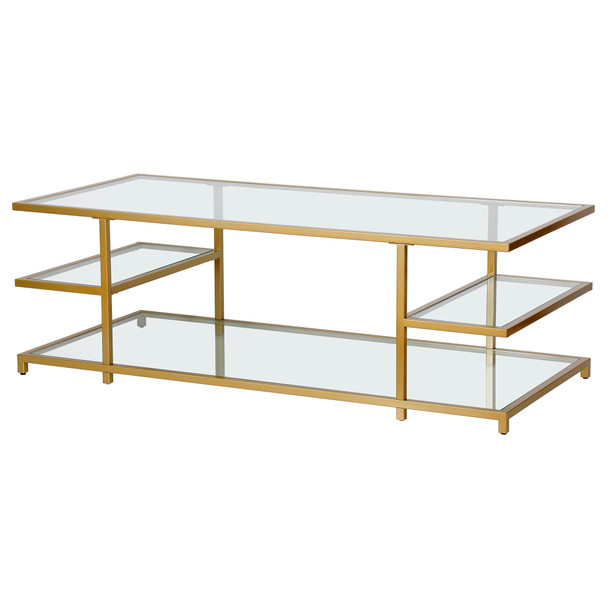 54" Gold Glass Rectangular Coffee Table With Three Shelves