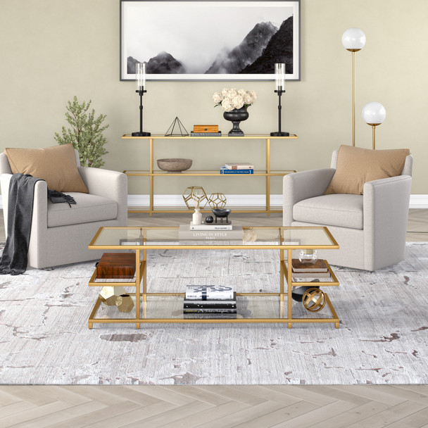 54" Gold Glass Rectangular Coffee Table With Three Shelves