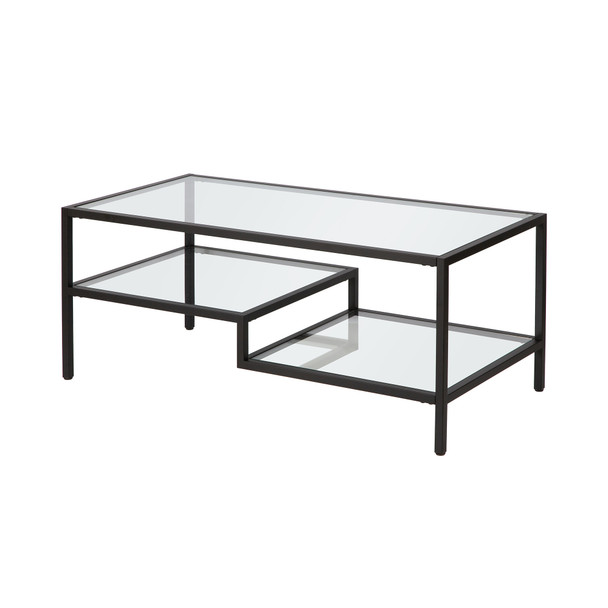 45" Black Glass Rectangular Coffee Table With Two Shelves