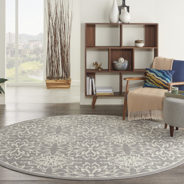 8' Gray Round Floral Power Loom Area Rug