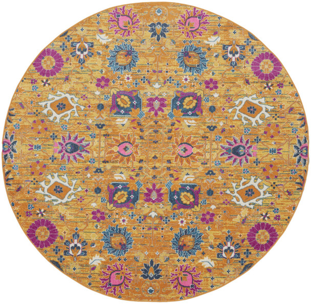 8' Gold Round Floral Power Loom Area Rug