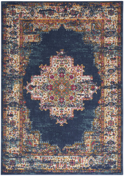 5' X 7' Navy Blue Floral Power Loom Distressed Area Rug