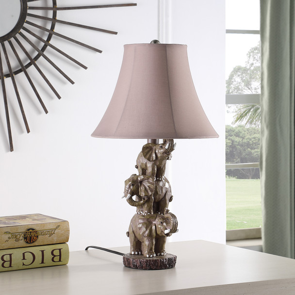 21" Brown Elephant Trio Table Lamp With Brown Bell Shade