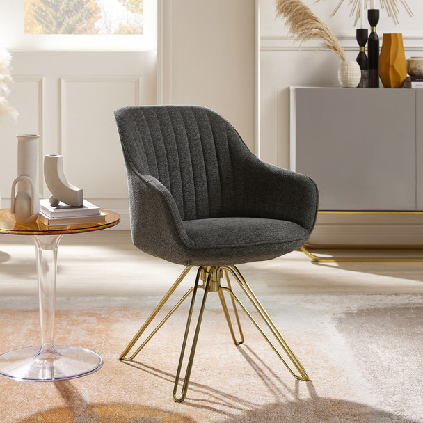 23" Gray Fabric And Gold Swivel Arm Chair