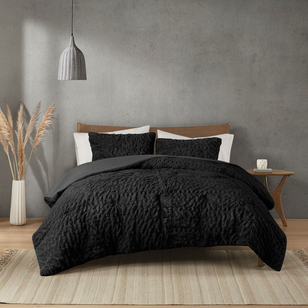 3pc Black Ruched Faux Fur Down Alternative Comforter AND Decorative Shams