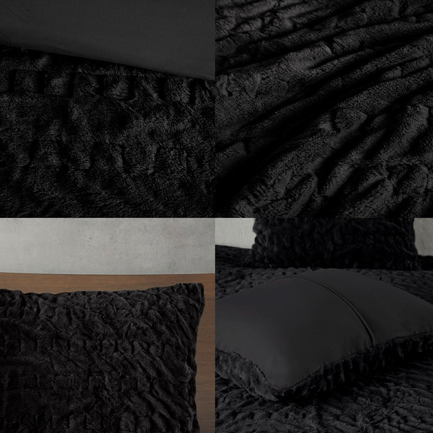 3pc Black Ruched Faux Fur Down Alternative Comforter AND Decorative Shams