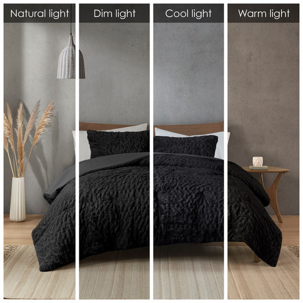 3pc Black Ruched Faux Fur Down Alternative Comforter AND Decorative Shams