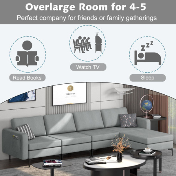 4-Seat Convertible Sectional Sofa with Reversible Ottoman-4-Seat L-shaped with 2 USB Ports