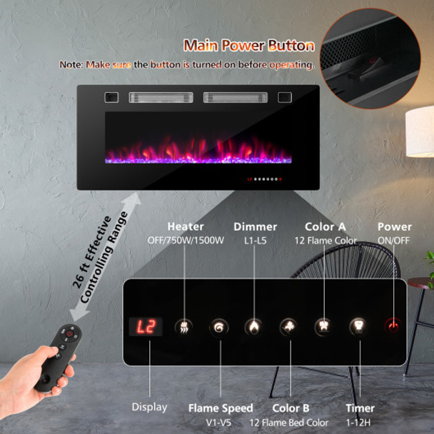 42 Inch Ultra-Thin Electric Fireplace with Decorative Crystals and Smart APP Control-42 inch
