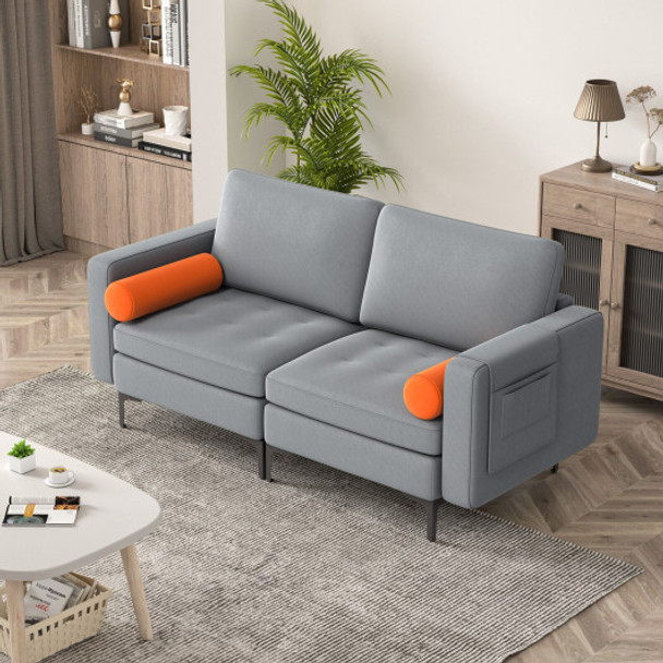 Modern Loveseat Sofa with 2 Bolsters and Side Storage Pocket-Gray